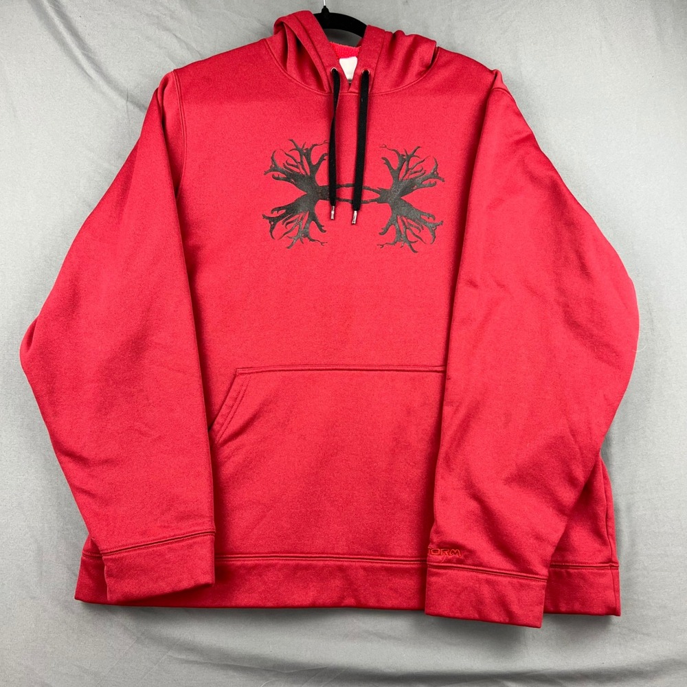 Under Armour Hoodie Mens XL Storm Antler Logo Red Fleece Pullover Sweatshirt